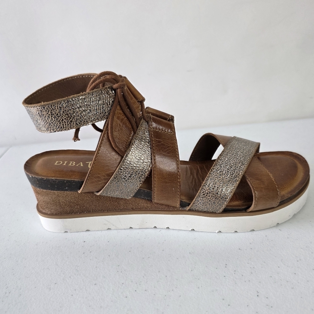 Diba True Leather Sandals Size 11 M Tie Ankle Strap Metallic Shoes Boho Comfort